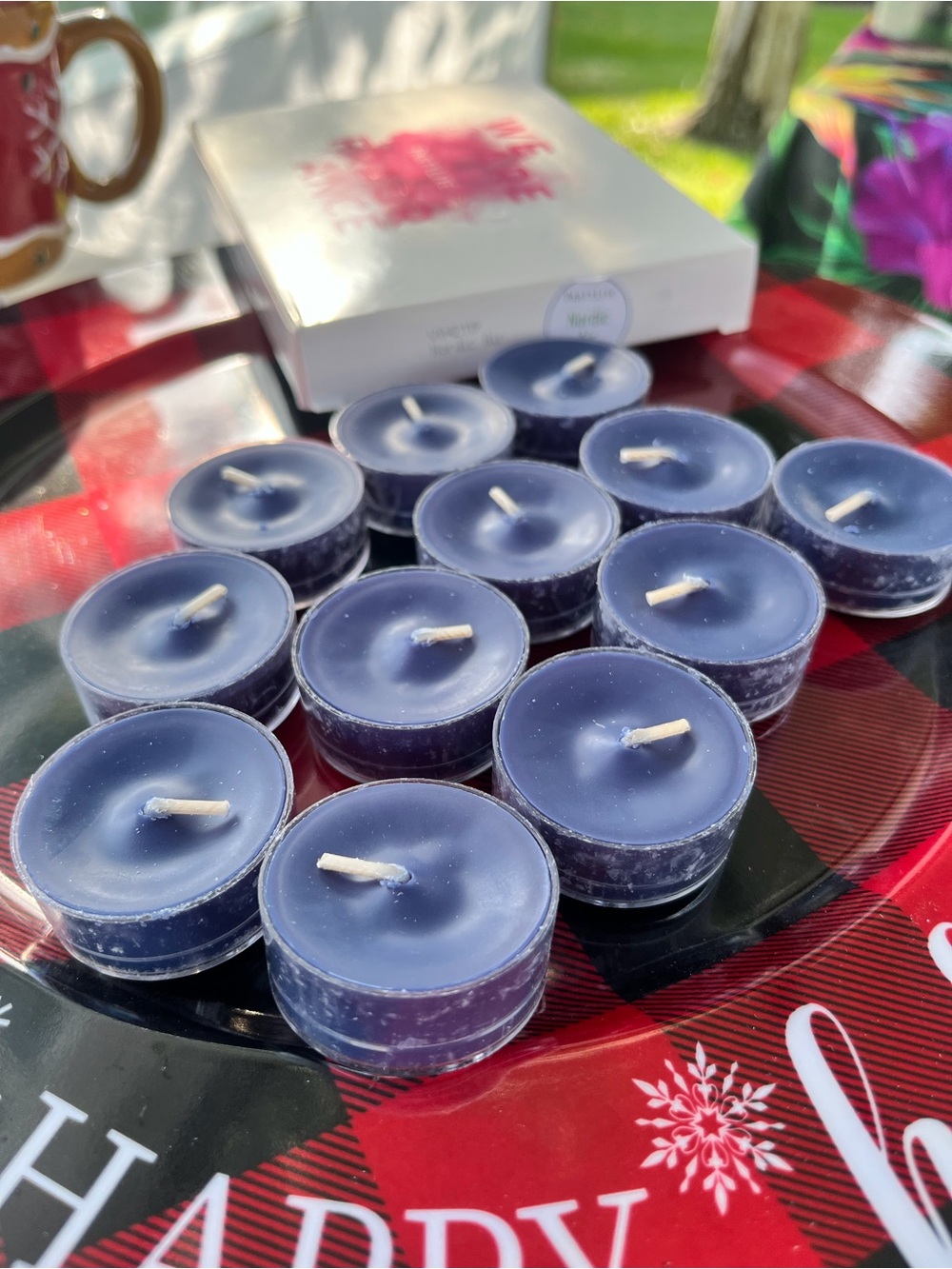 Partylite Blue Round Autumn Christmas Winter Nordic Air Tealights Candle Fir